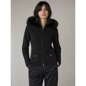 Prada Black Wool Ribbed Zip Jacket w/ Blue Fox Fur Hood IT 38